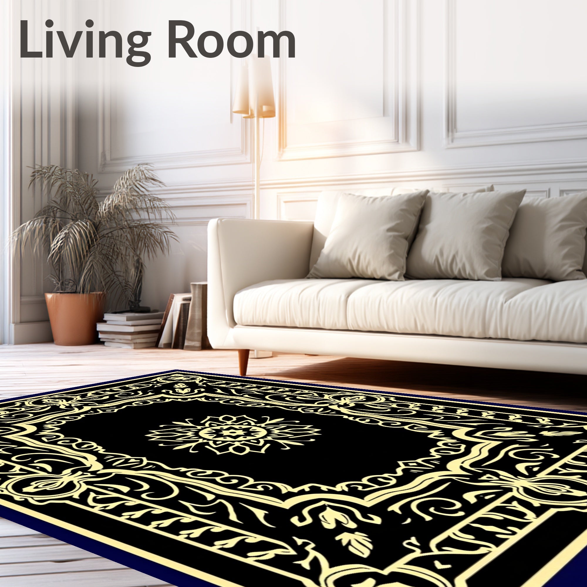 Elegant Black Gold Floral Frame Rug
