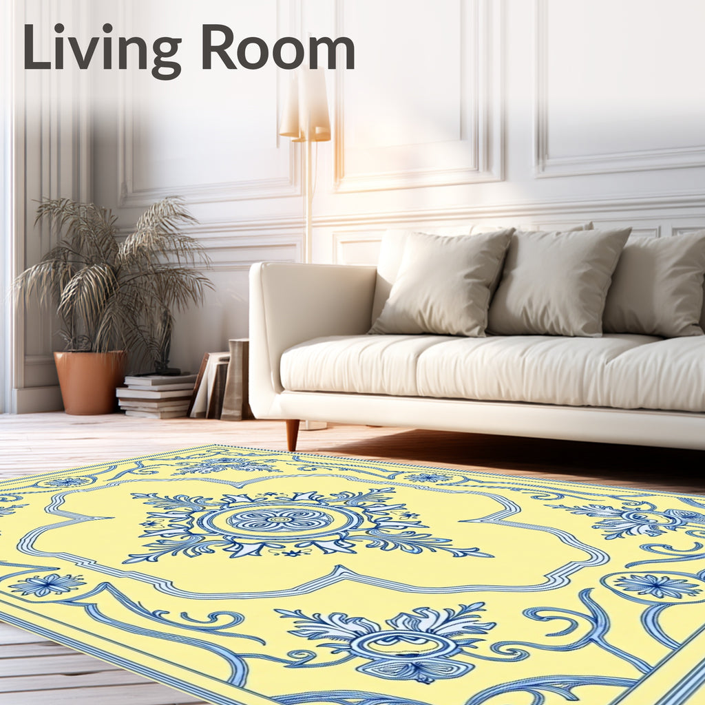 Vibrant Blue Yellow Floral Medallion Rug