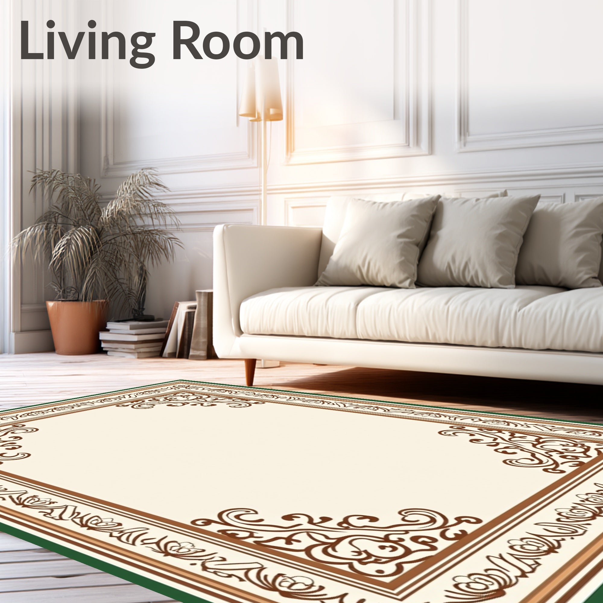 Ornamental Brown Scrollwork Cream Border Rug