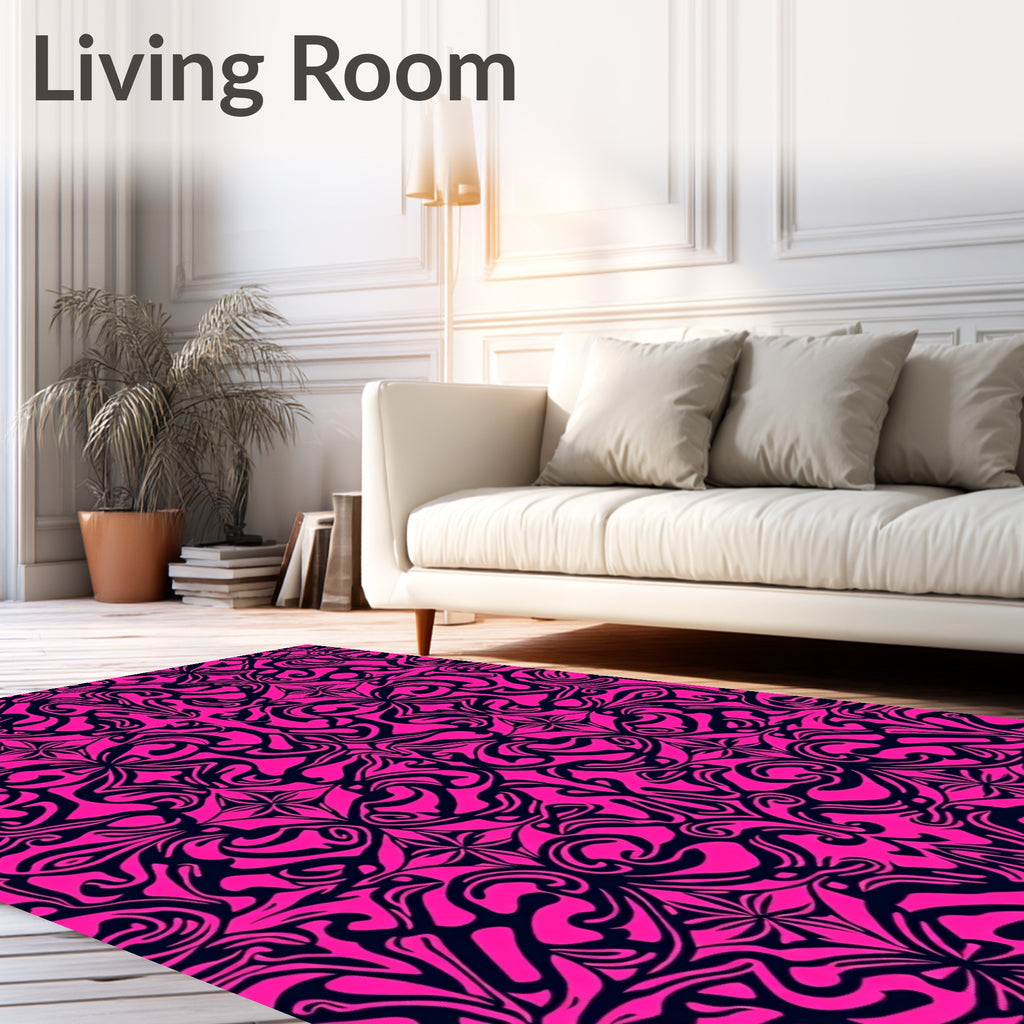 Intricate Pink Black Flourish Pattern Rug