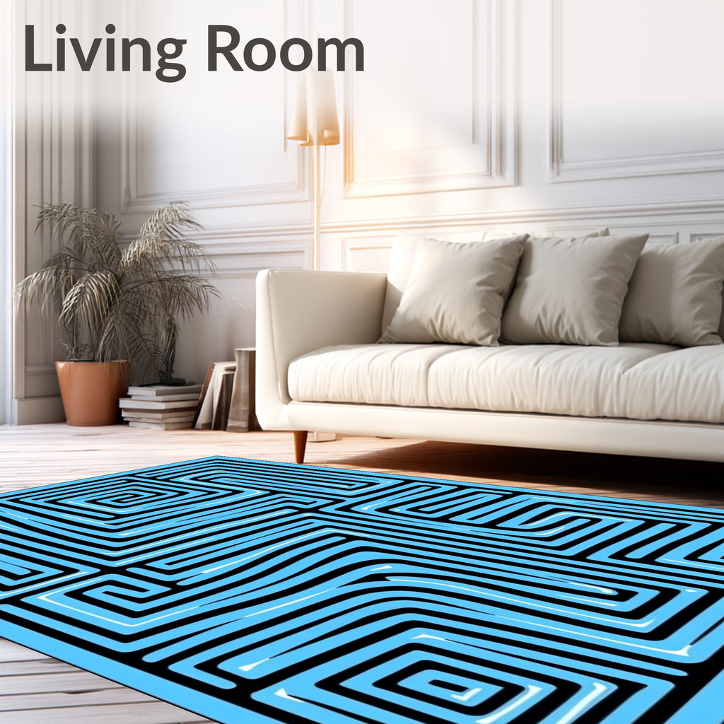 Abstract Blue Maze Line Art Rug