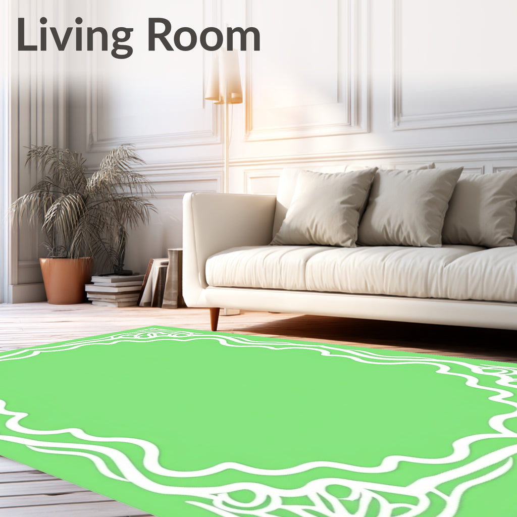 White Organic Curving Border Green Rug