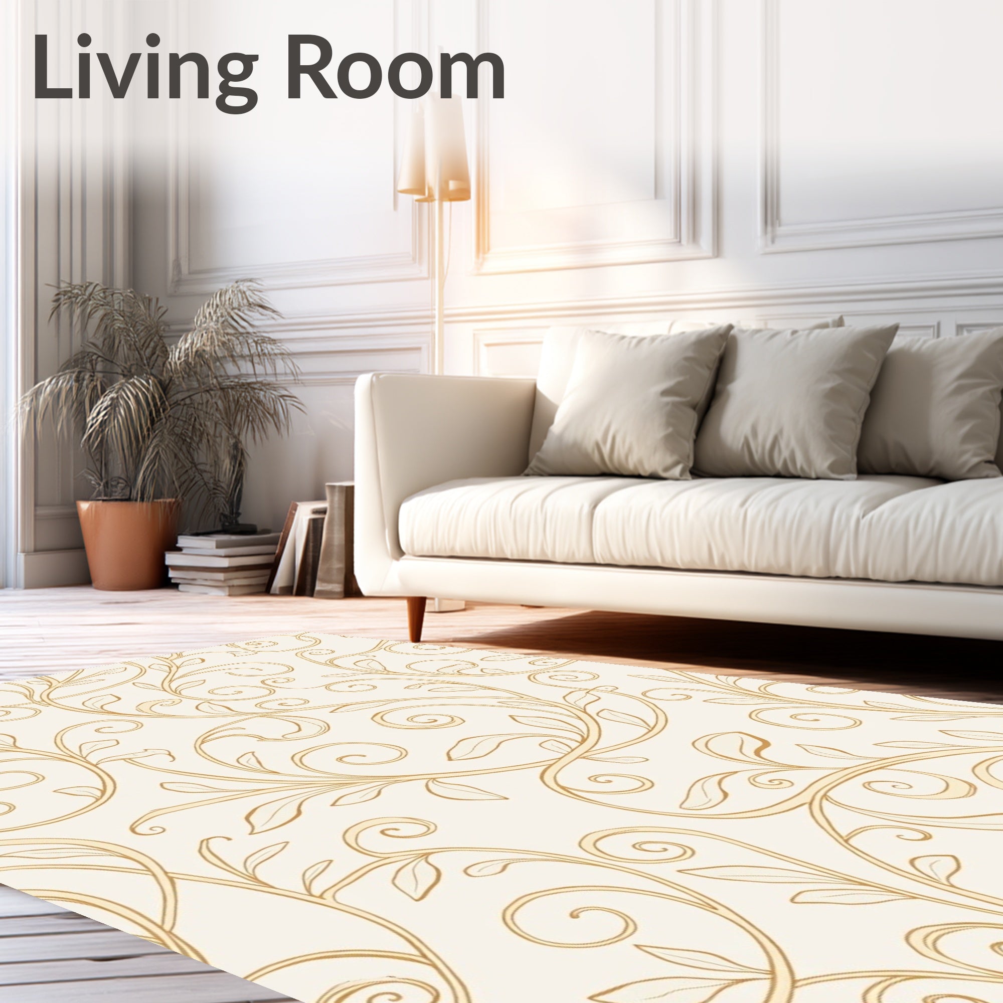 Elegant Gold Swirl Leaf Pattern Rug