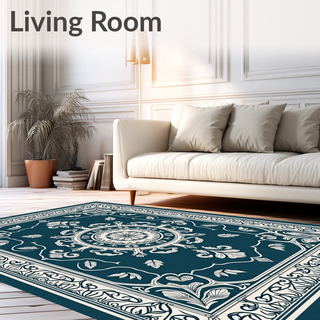Deep Teal Ivory Intricate Floral Border Rug
