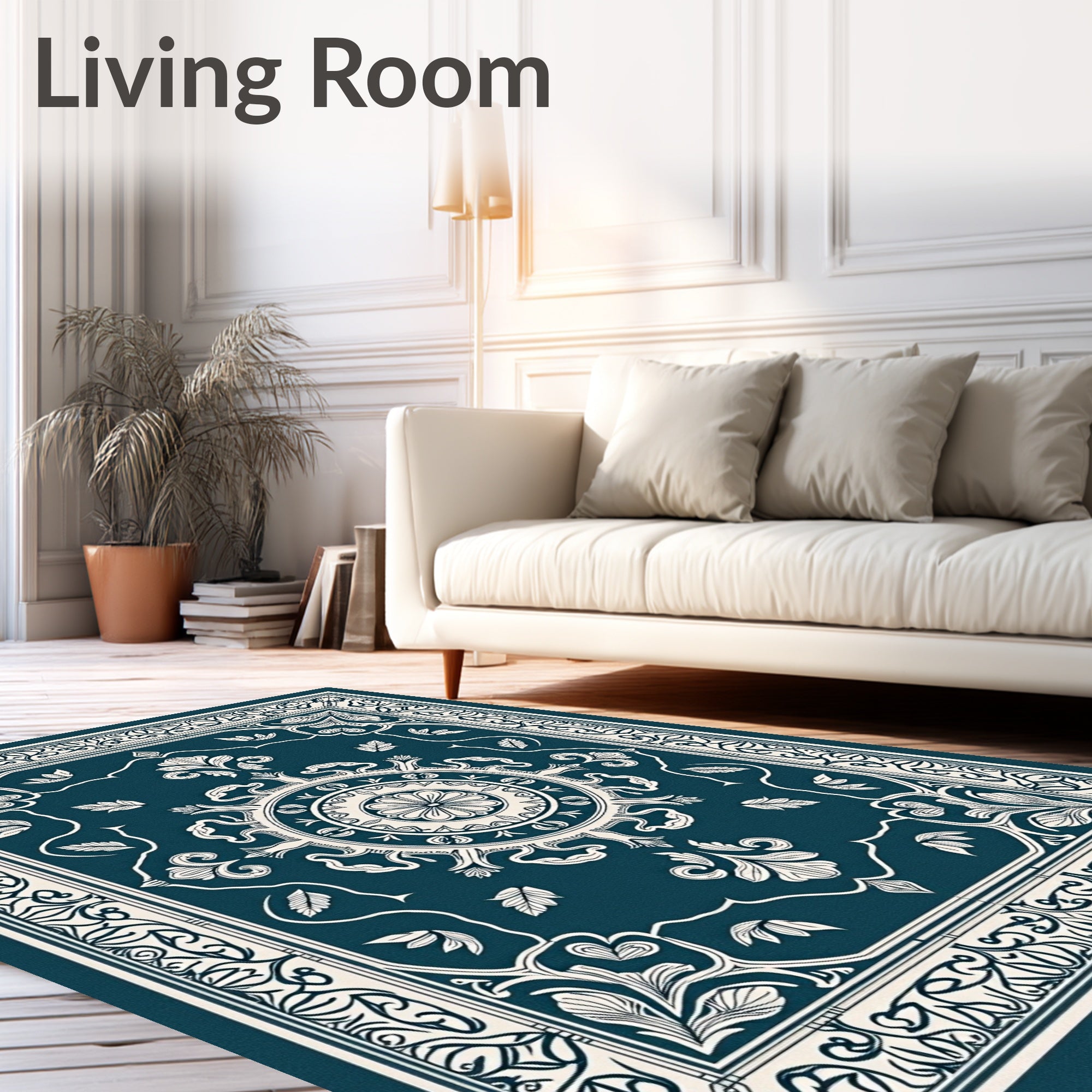 Deep Teal Ivory Intricate Floral Border Rug