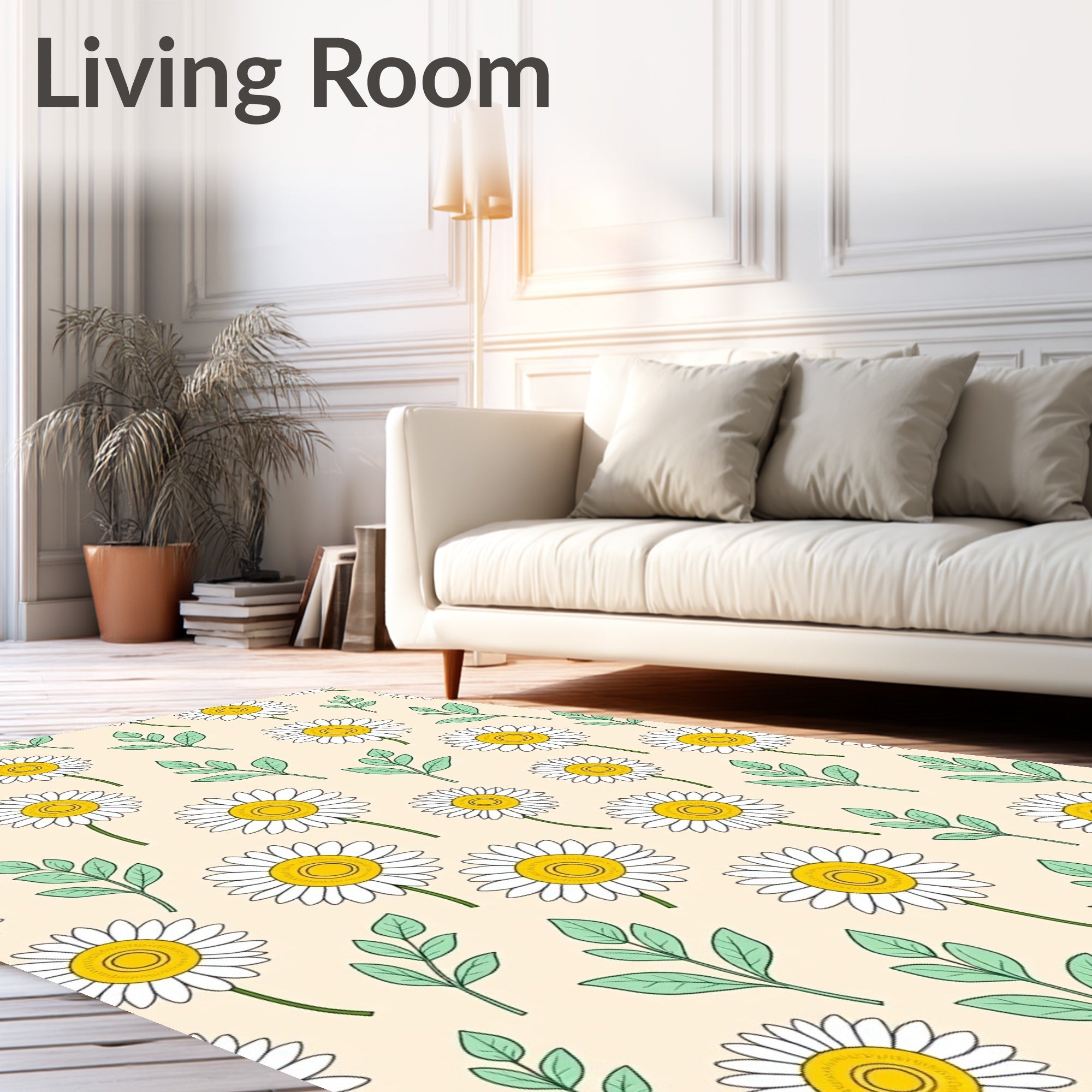 White Daisy Green Leaf Pattern Rug
