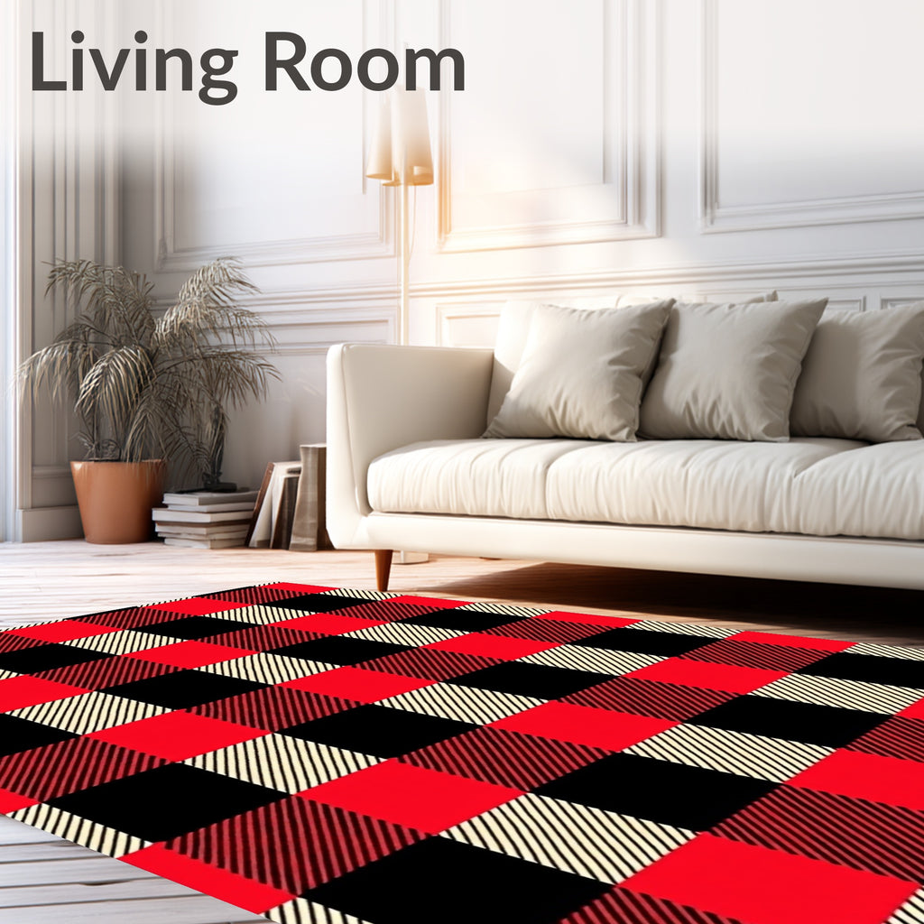 Red Black Plaid Checkered Design Rug