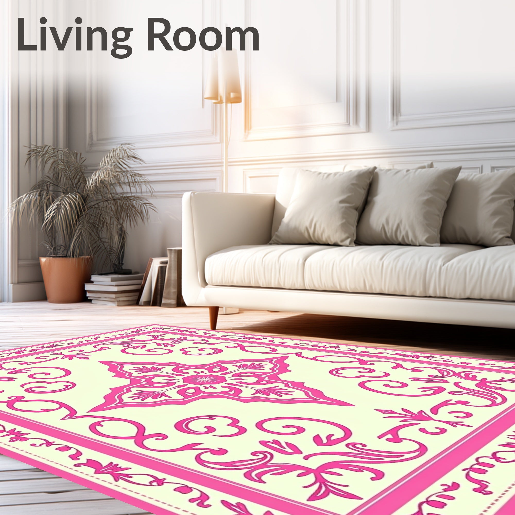 Pink Cream Floral Scroll Pattern Rug