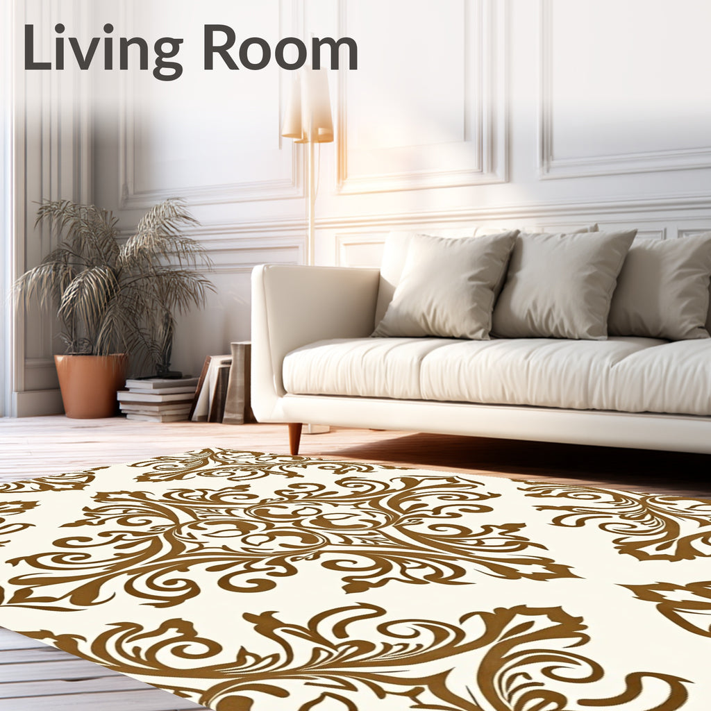 Classic Brown Damask Scroll Pattern Rug