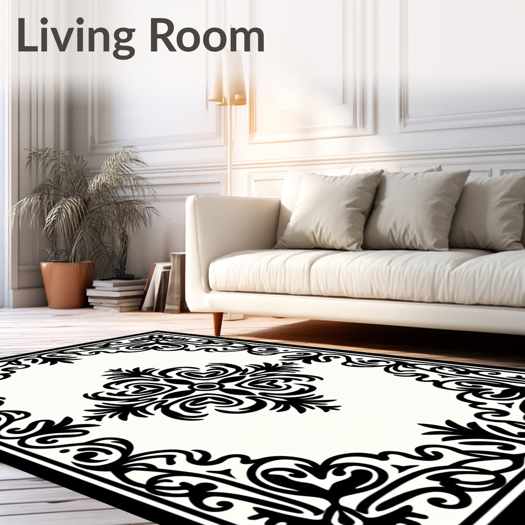 Classic Black Floral Swirl Border Rug