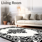 Classic Black Floral Swirl Border Rug