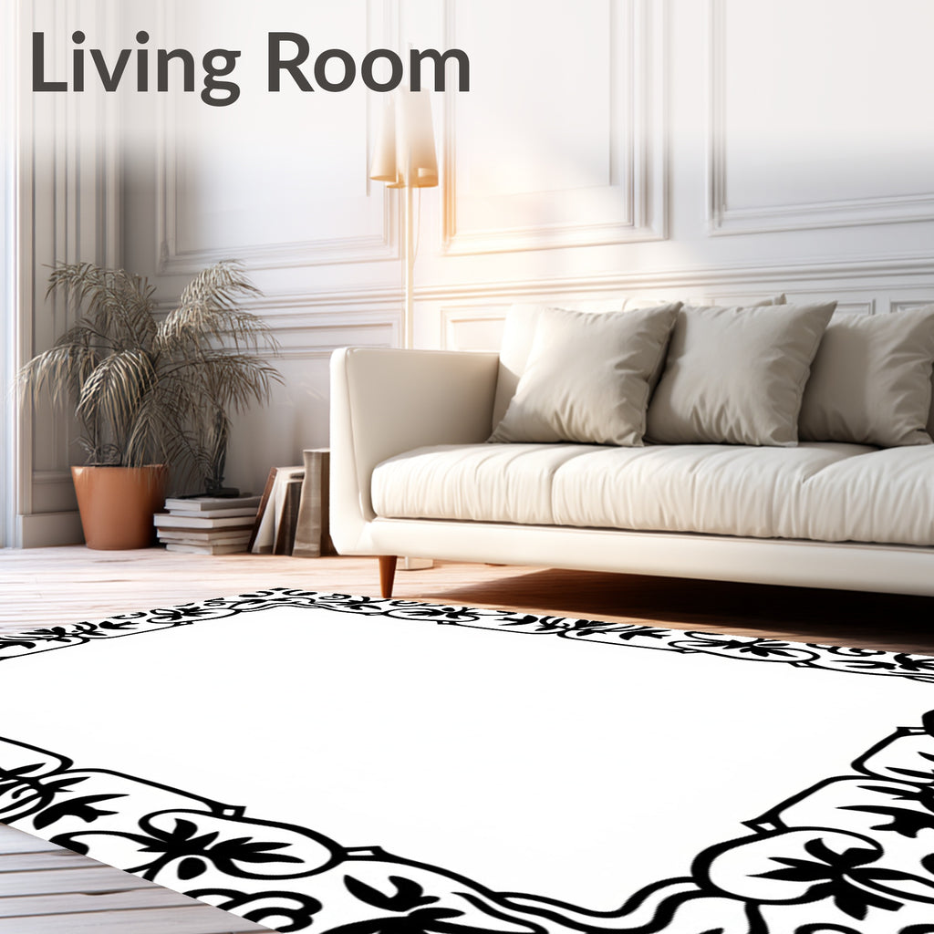 Ornate Black Floral Border Design Rug