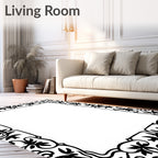 Ornate Black Floral Border Design Rug