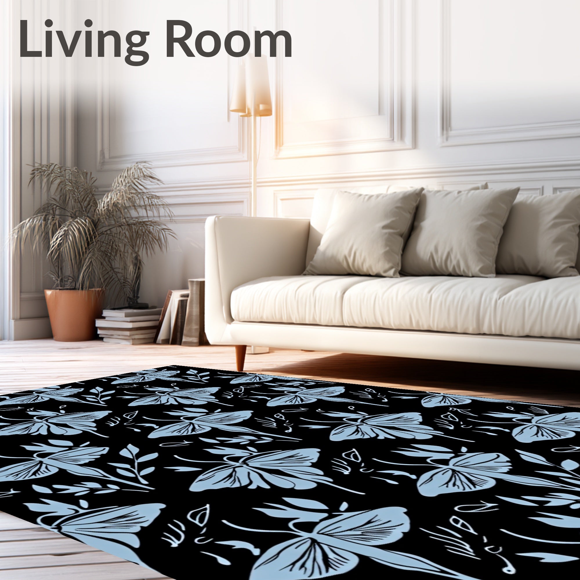 Light Blue Moth Botanical Pattern Rug