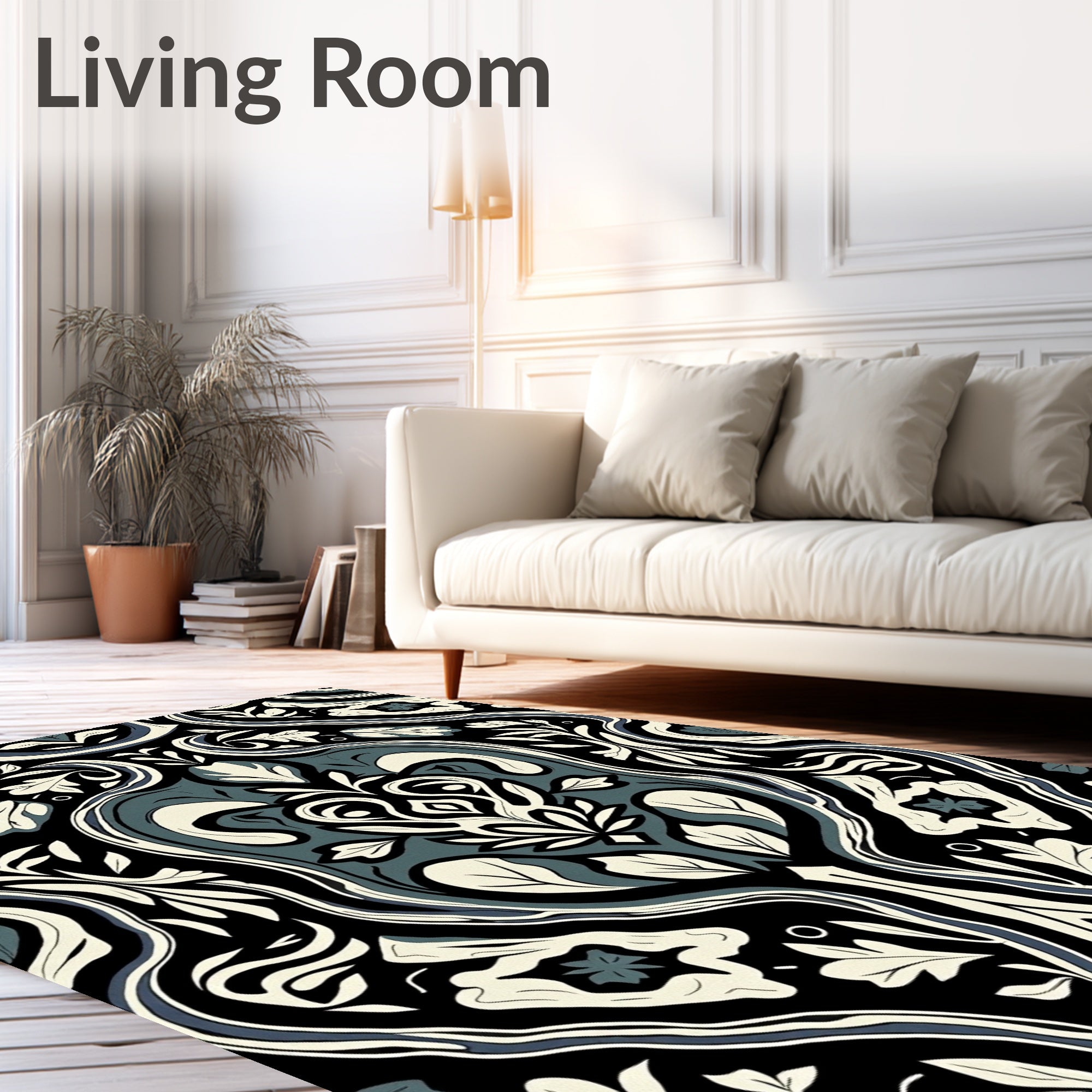 Elegant Black Cream Blue Floral Pattern Rug