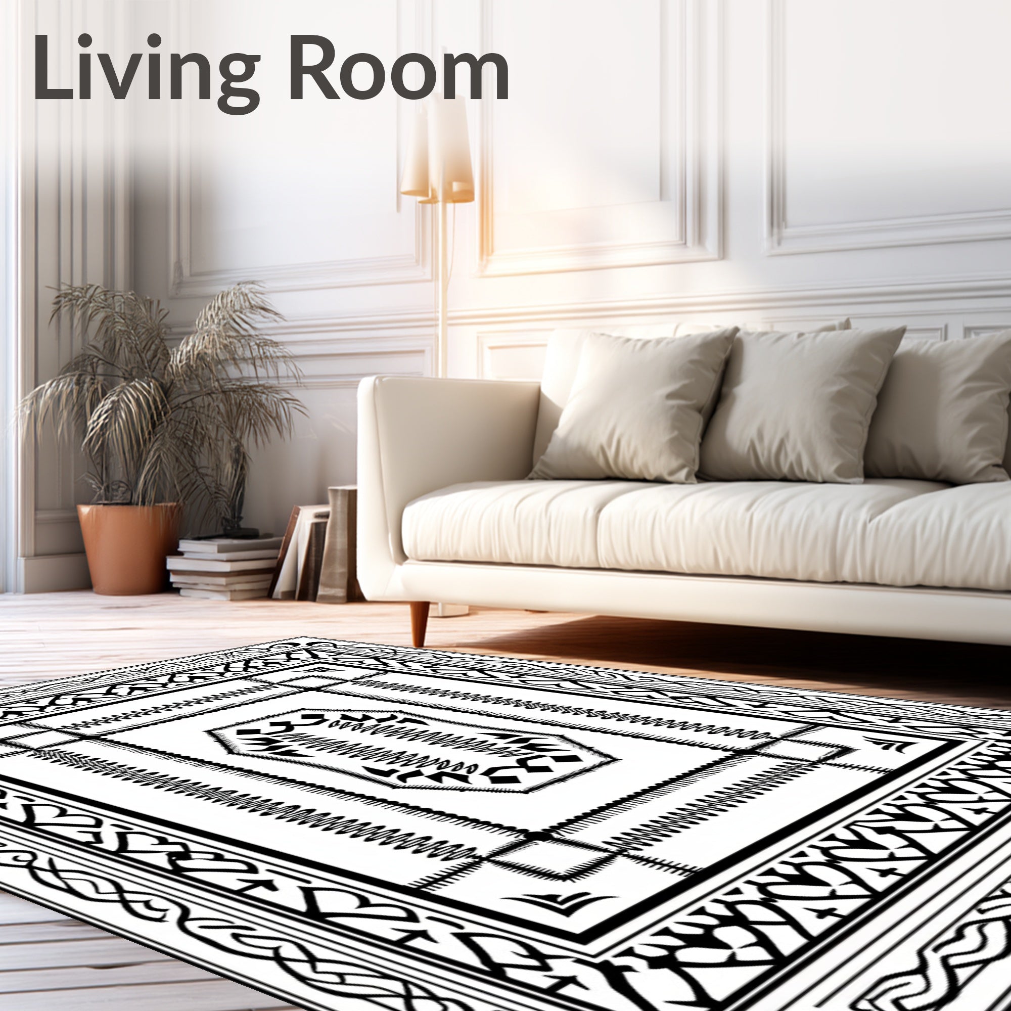 Intricate Black White Geometric Pattern Rug