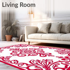 Vibrant Red Ornate Scrollwork Design Rug