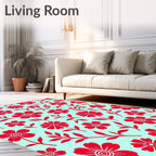 Red Floral Design On Teal Canvas Rug