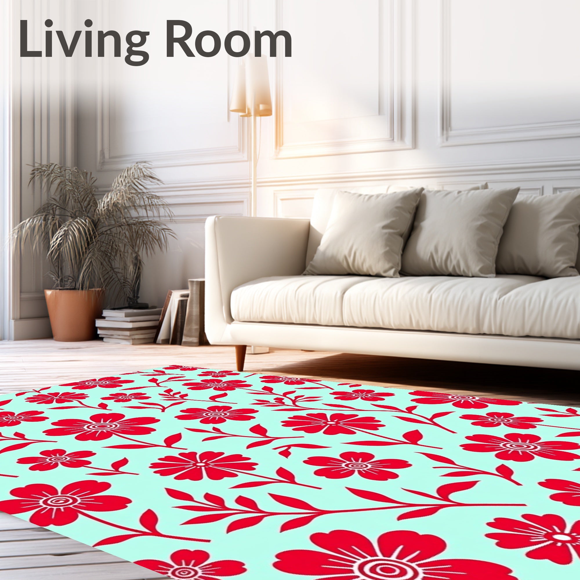 Red Floral Design On Teal Canvas Rug