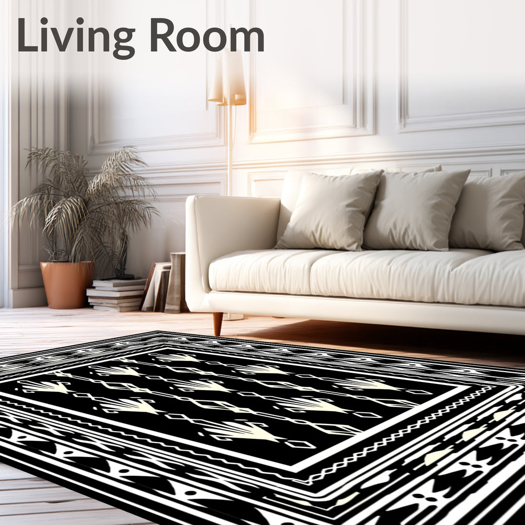 Black White Geometric Fan Pattern Rug