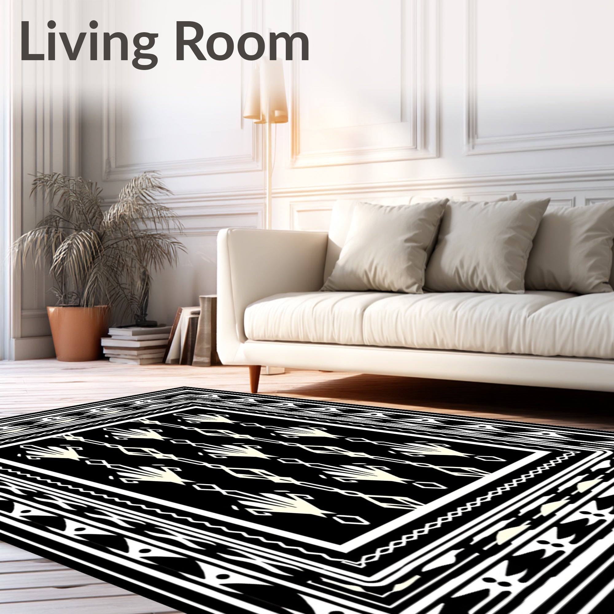 Black White Geometric Fan Pattern Rug