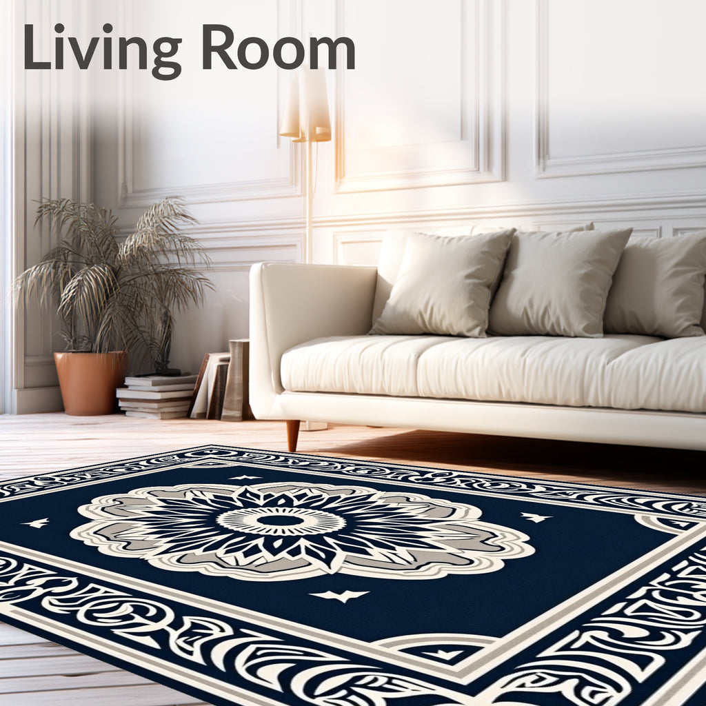 Ornate Floral Mandala With Geometric Border Rug
