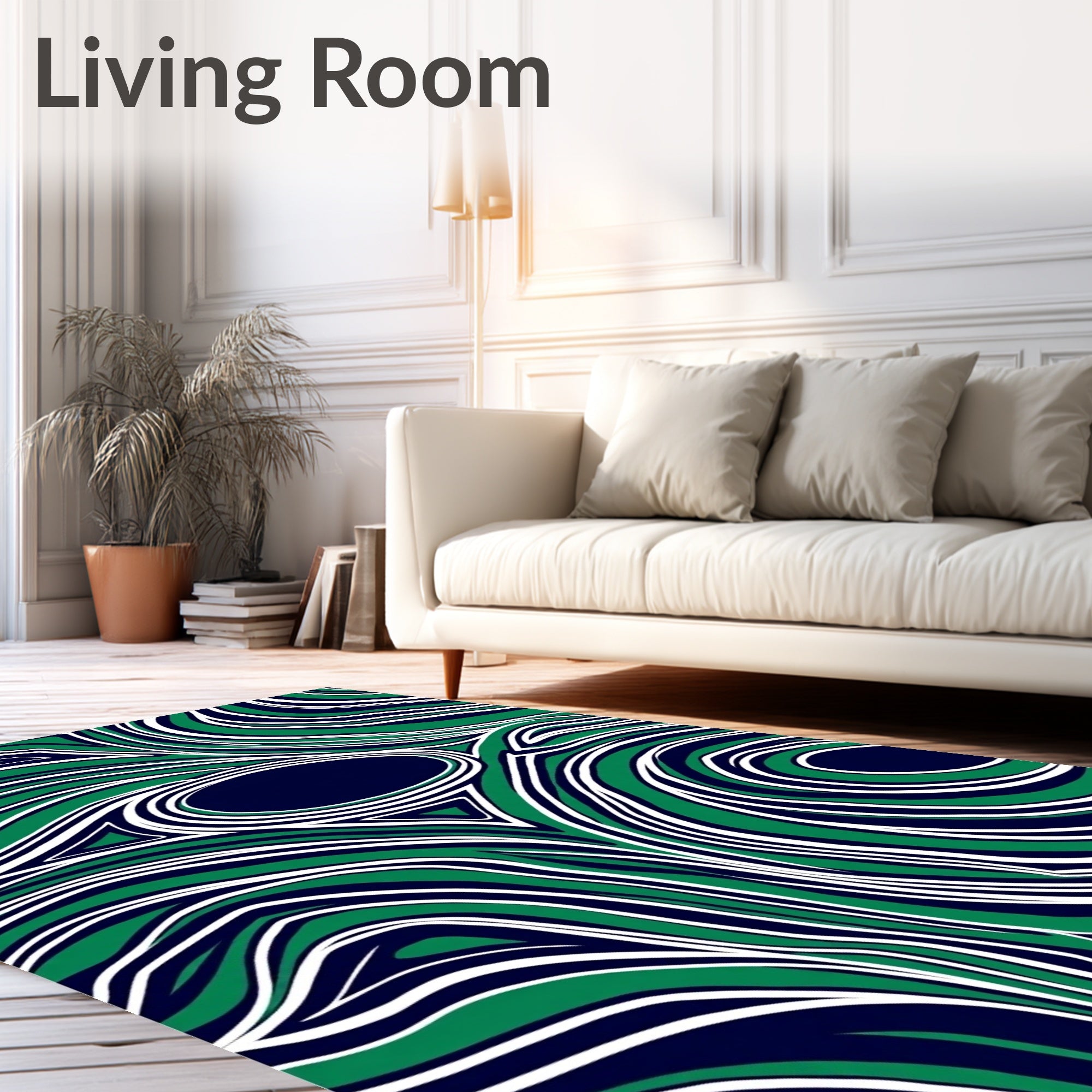 Abstract Wavy Green And Navy Swirls Rug