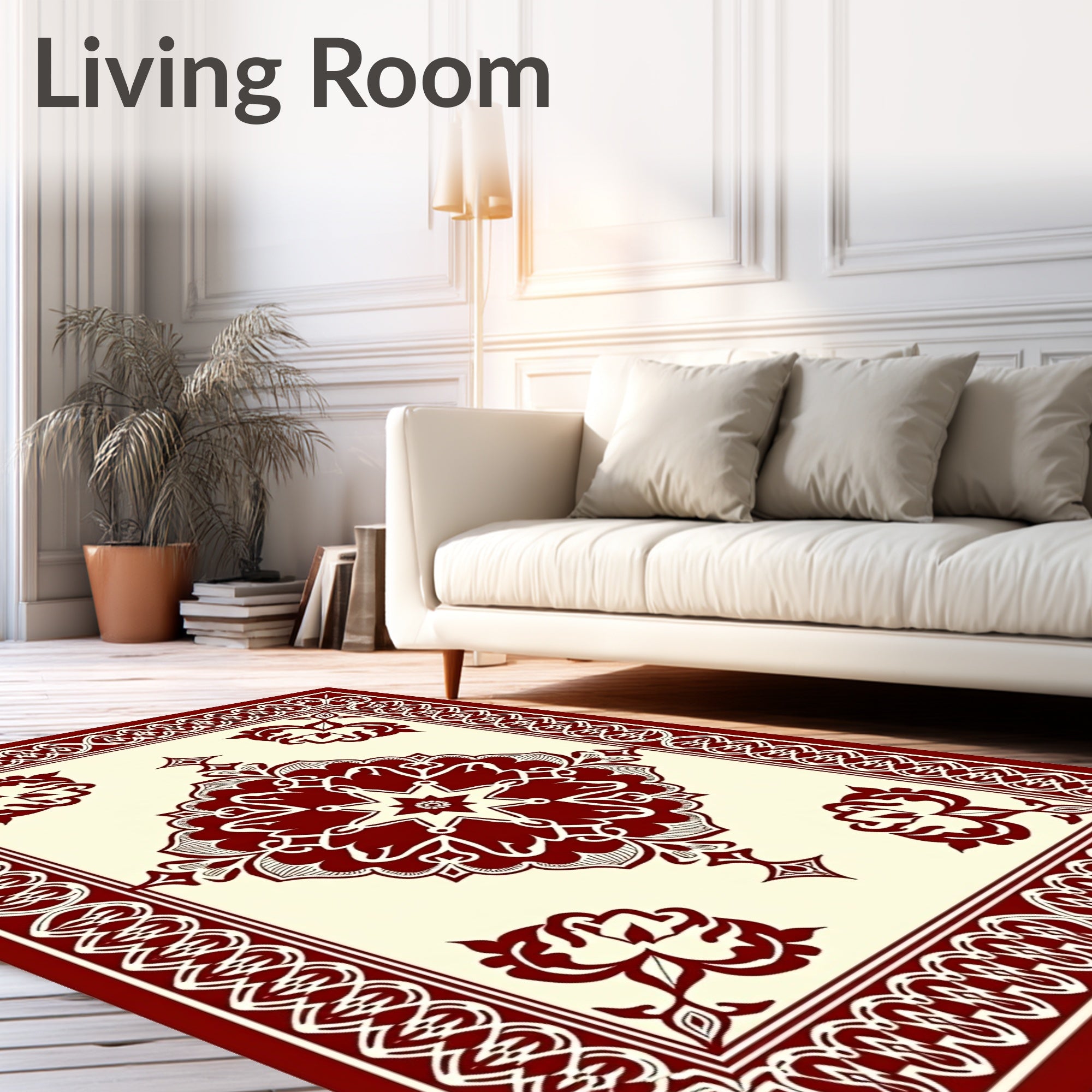Ornate Floral Bordered Cream Rug