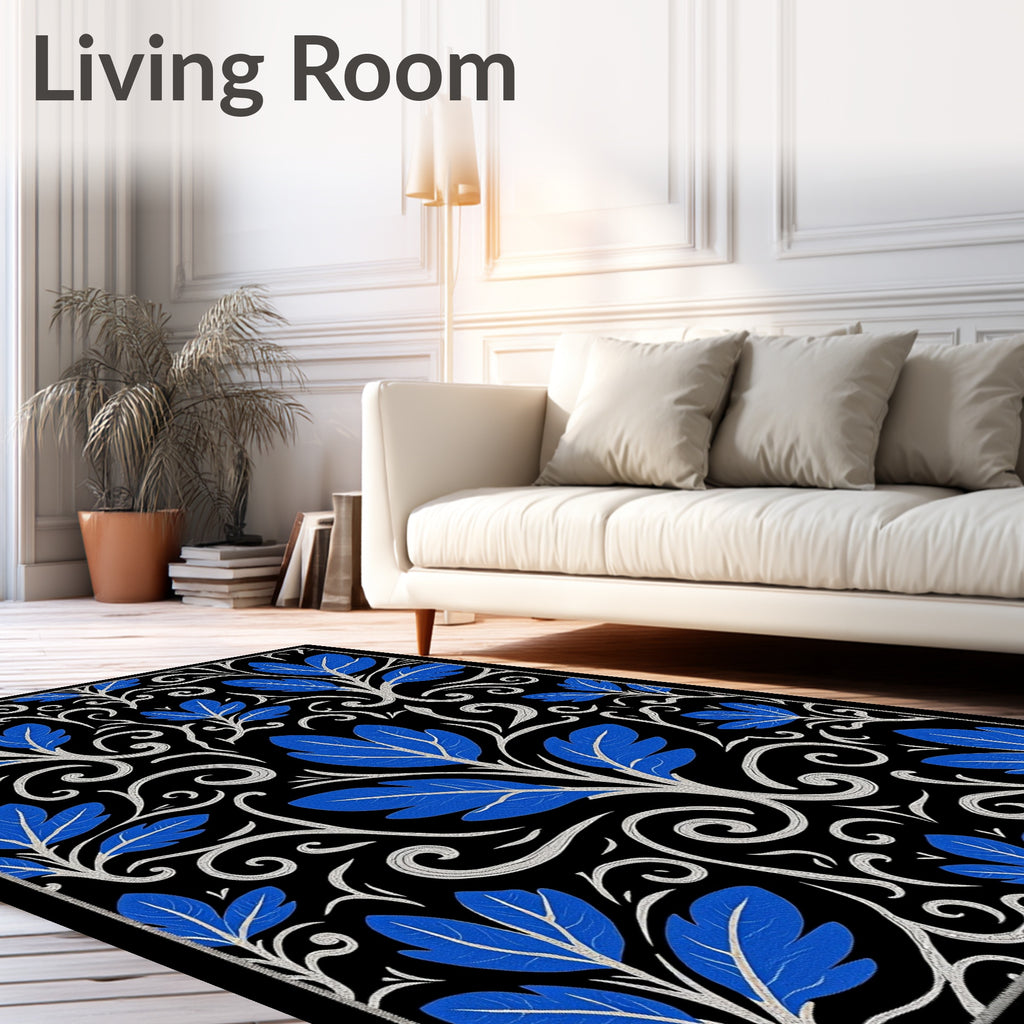 Elegant Blue Leaf Scroll Pattern Rug