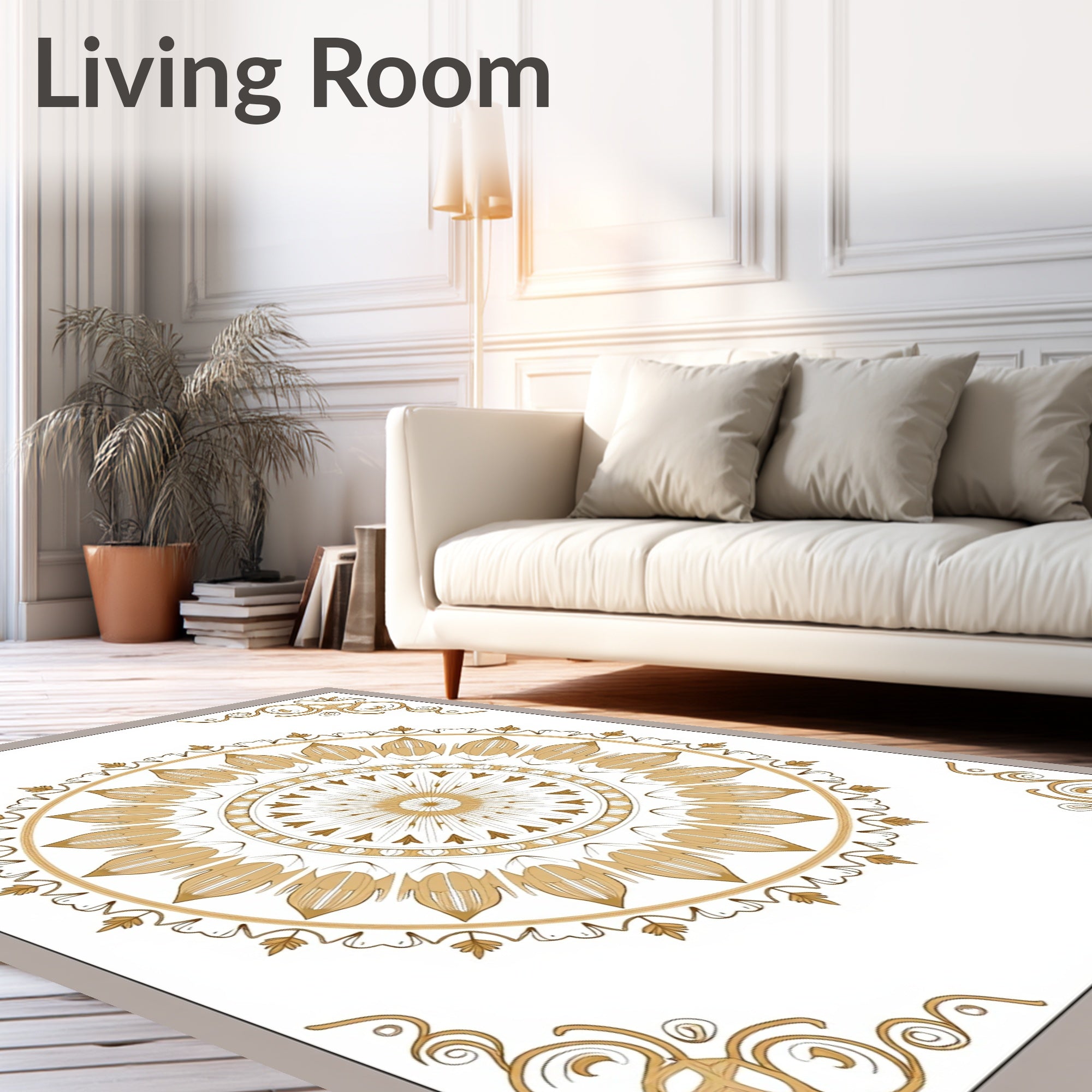 Ornate Gold Floral Mandala Design Rug