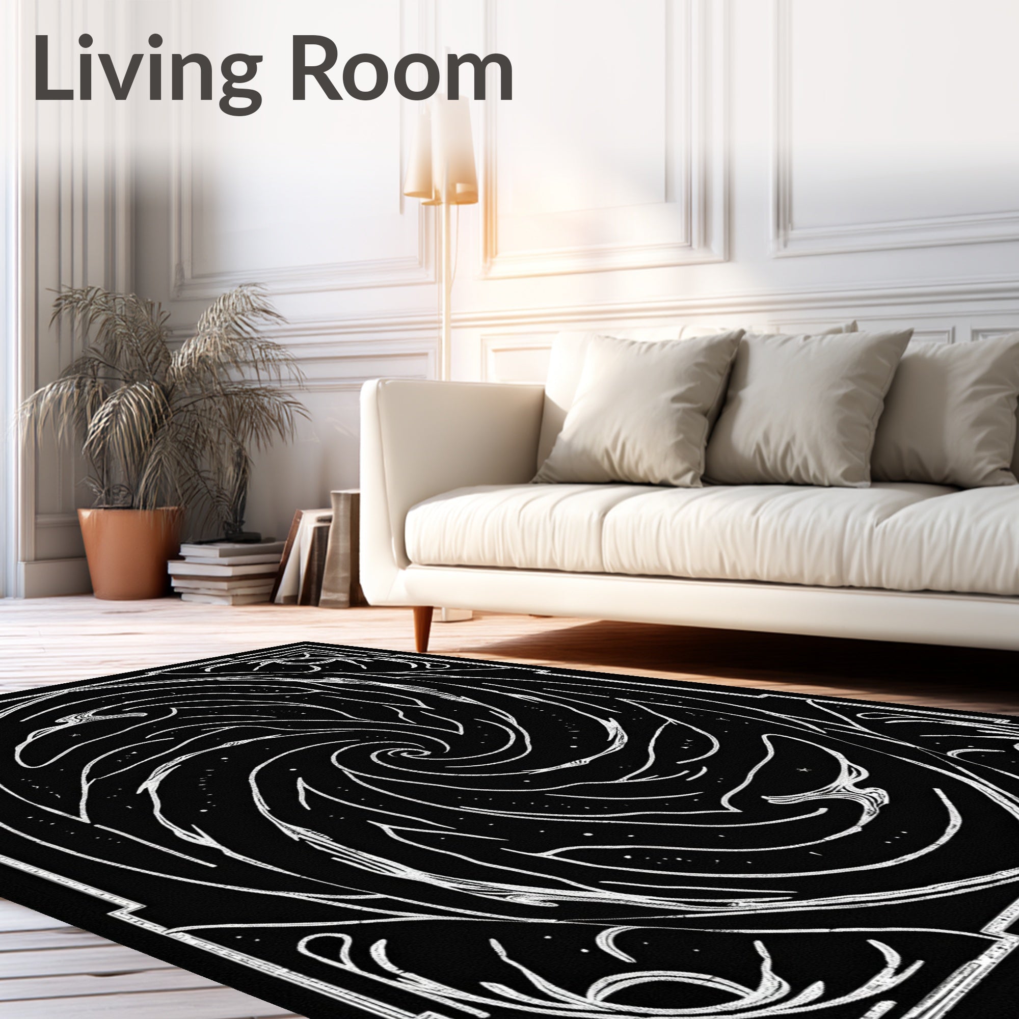 Ornate Swirl White On Black Design Rug