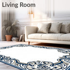 Intricate Blue Floral Scrollwork Frame Rug
