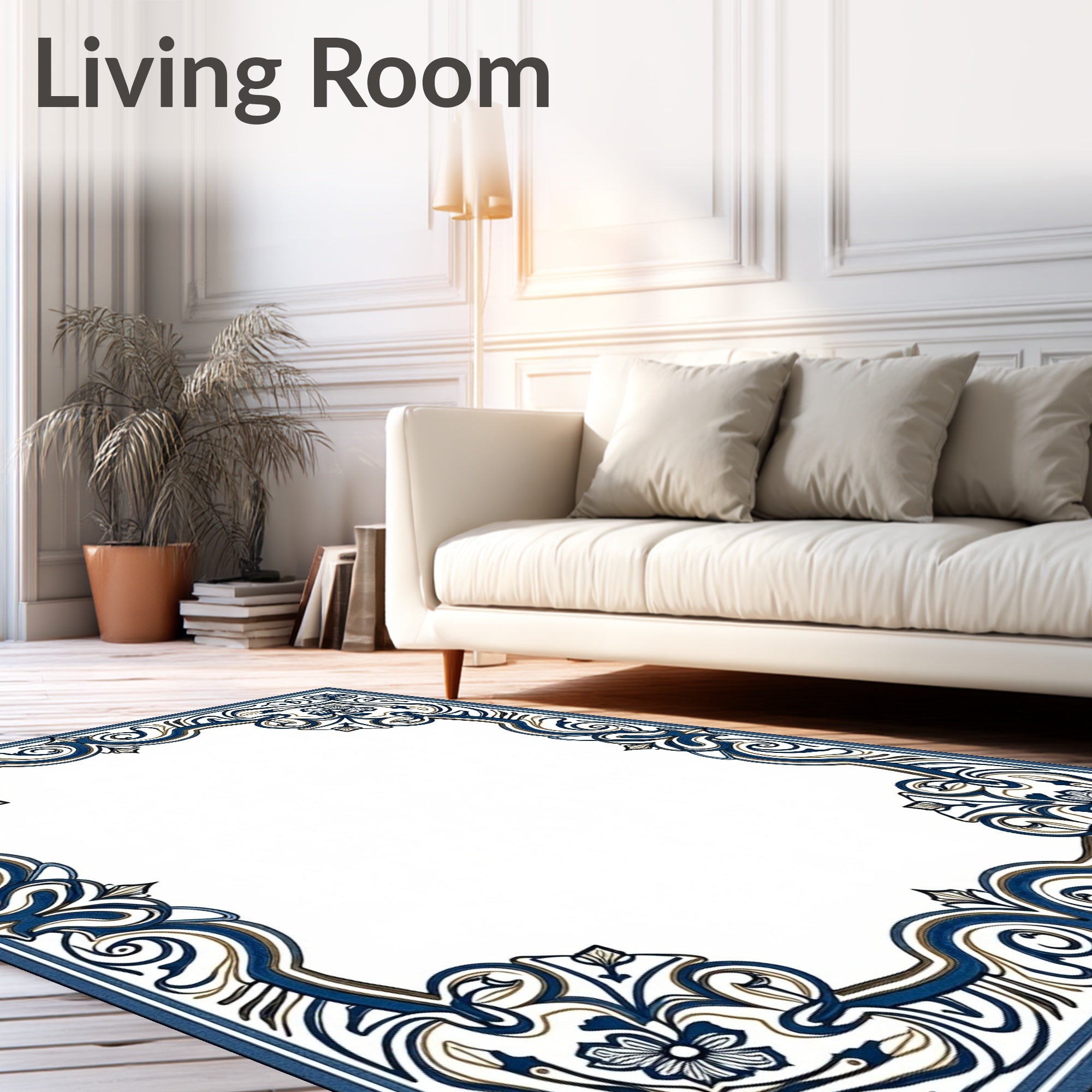 Intricate Blue Floral Scrollwork Frame Rug