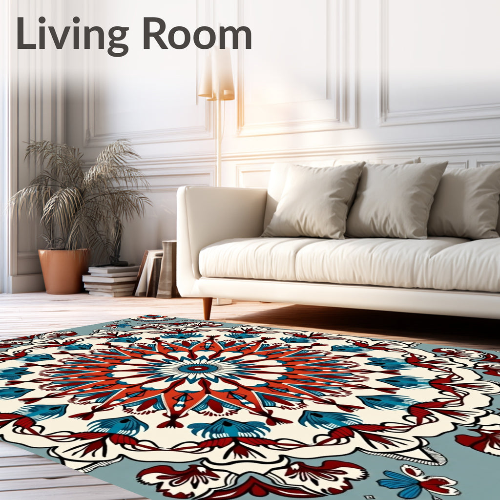 Bold Red Blue Floral Mandala Design Rug