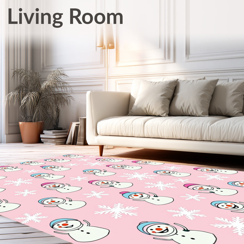 Whimsical Snowman Pink Snowflake Scatter Rug