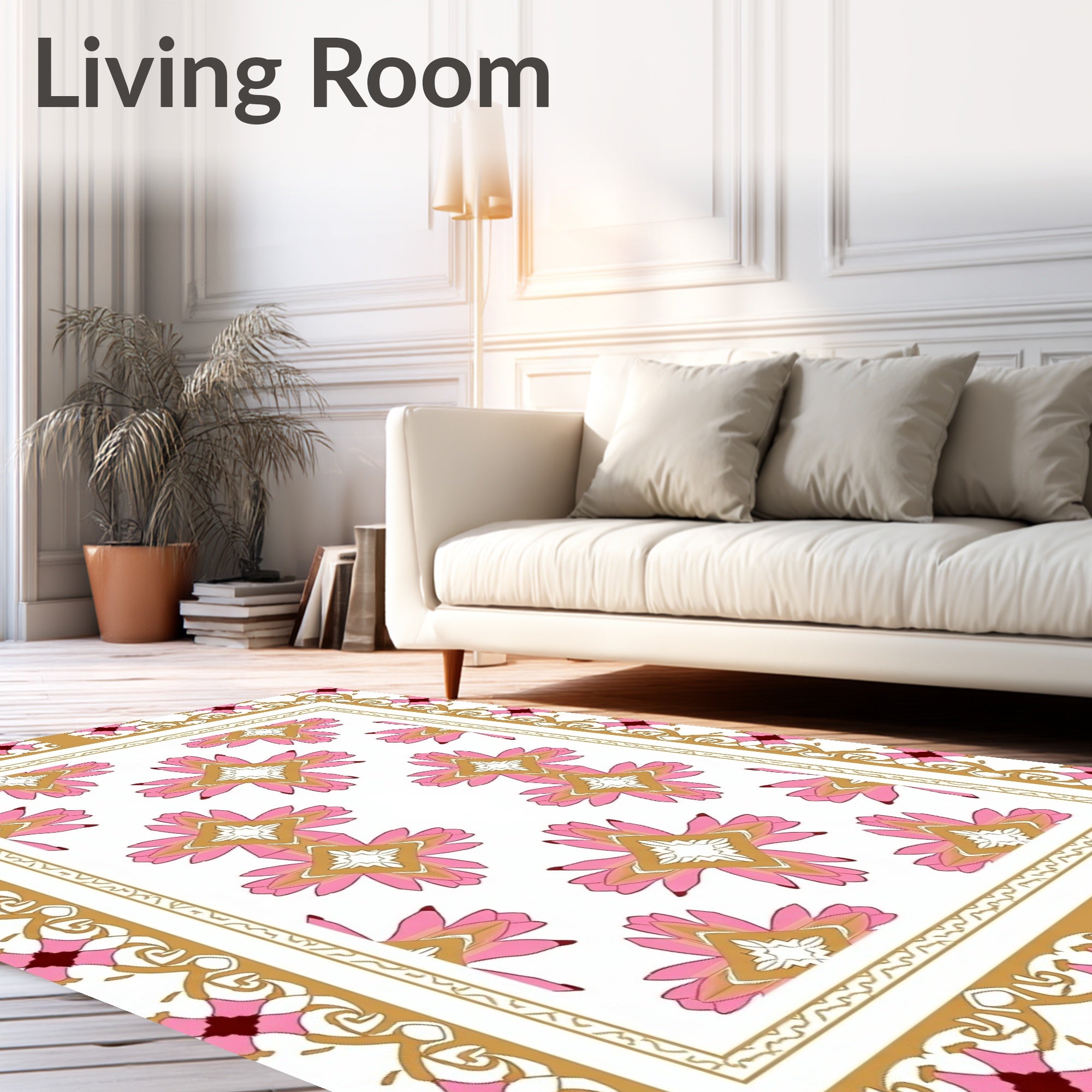 Pink Gold Floral Geometric Pattern Rug