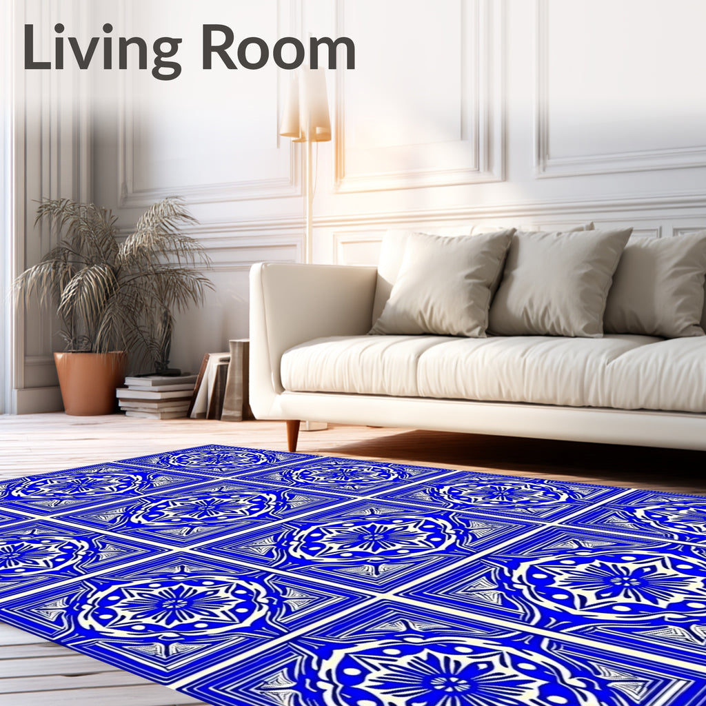 Intricate Blue White Geometric Floral Rug