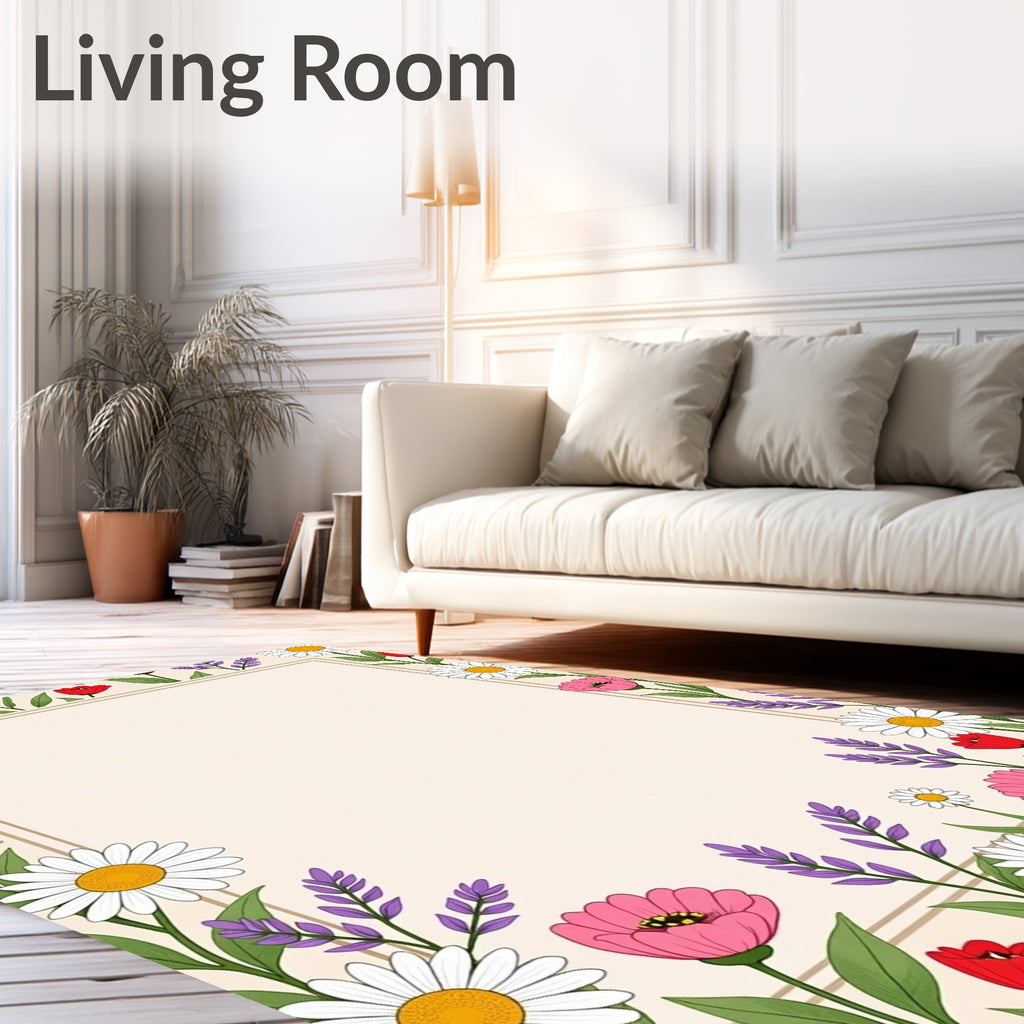 Floral Daisy Tulip Border Design Rug