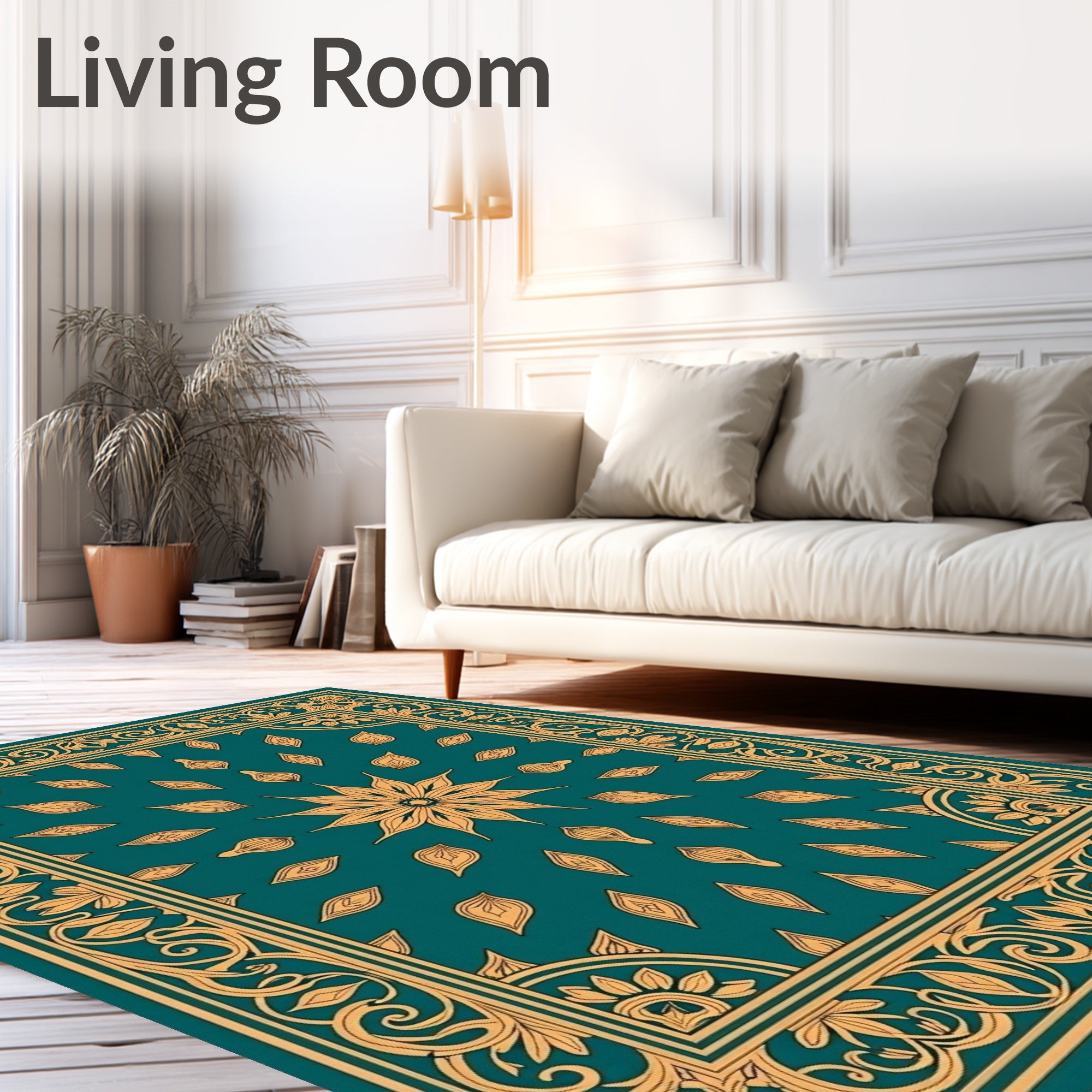 Golden Floral Border Teal Design Rug