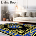 Ornate Blue Gold Floral Border Rug