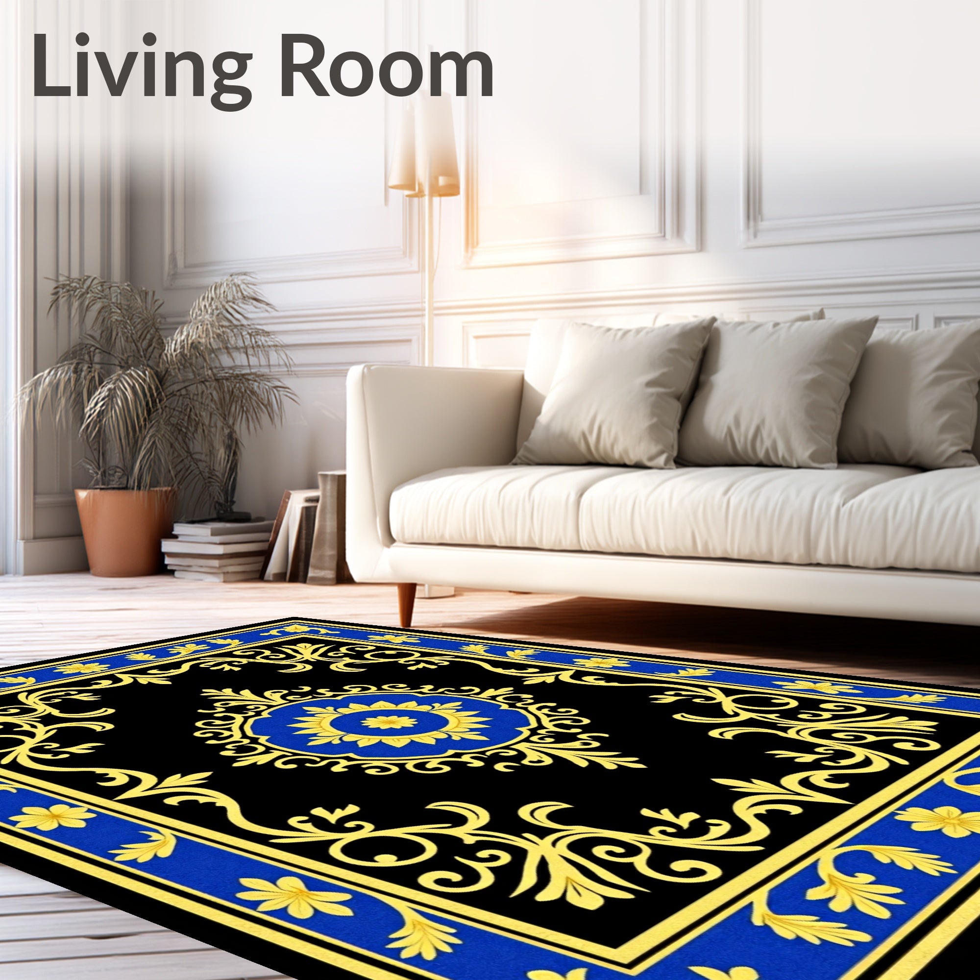 Ornate Blue Gold Floral Border Rug