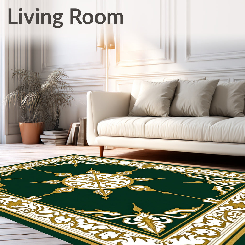 Ornate Green Gold Floral Motif Rug