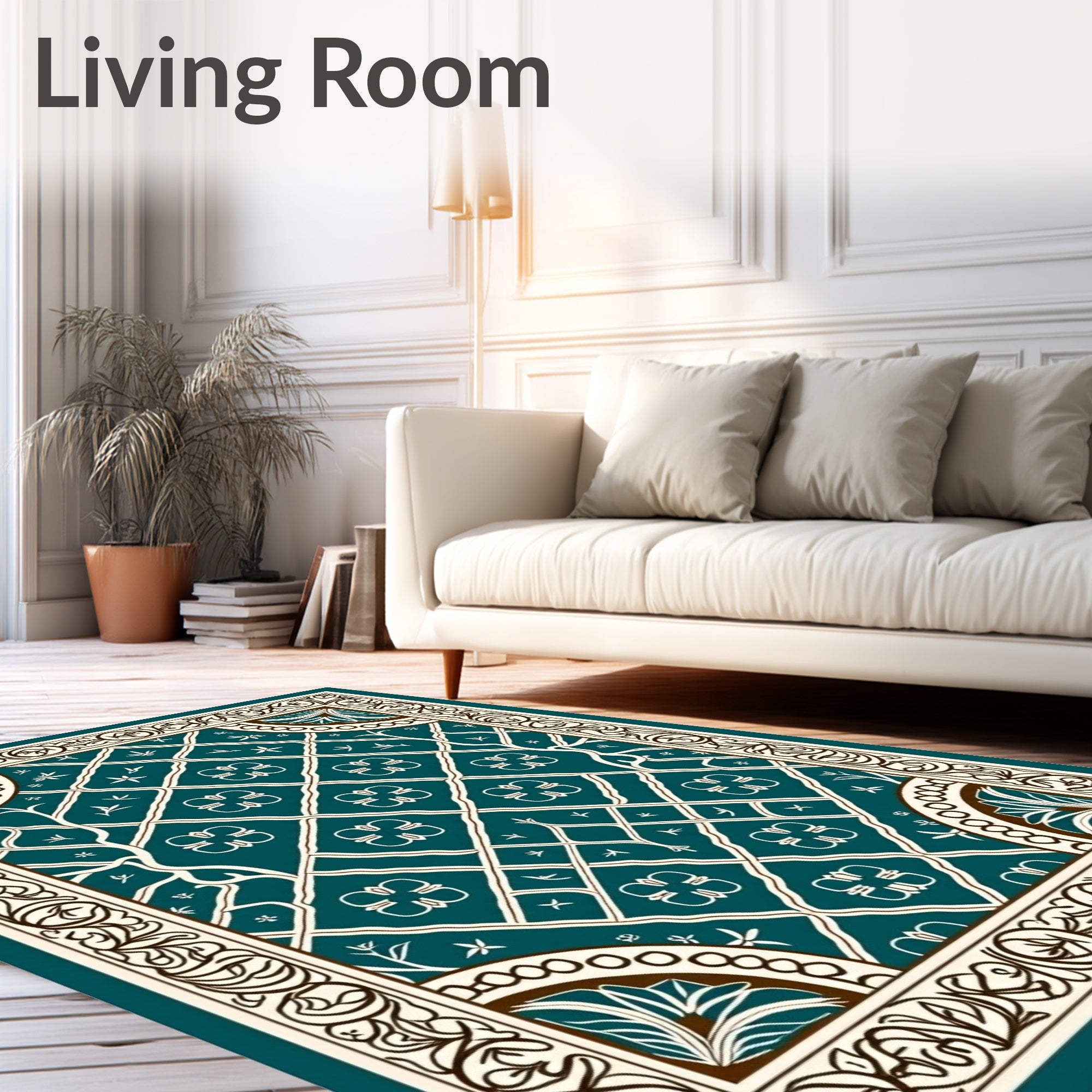 Teal White Geometric Floral Border Rug