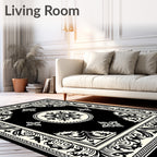 Black and Cream Floral Mandala Border Rug