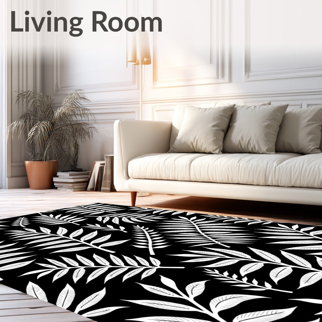 Chic Black White Leaf Pattern Rug