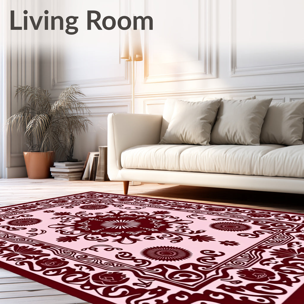 Dark Red Floral And Scrollwork Motif Rug