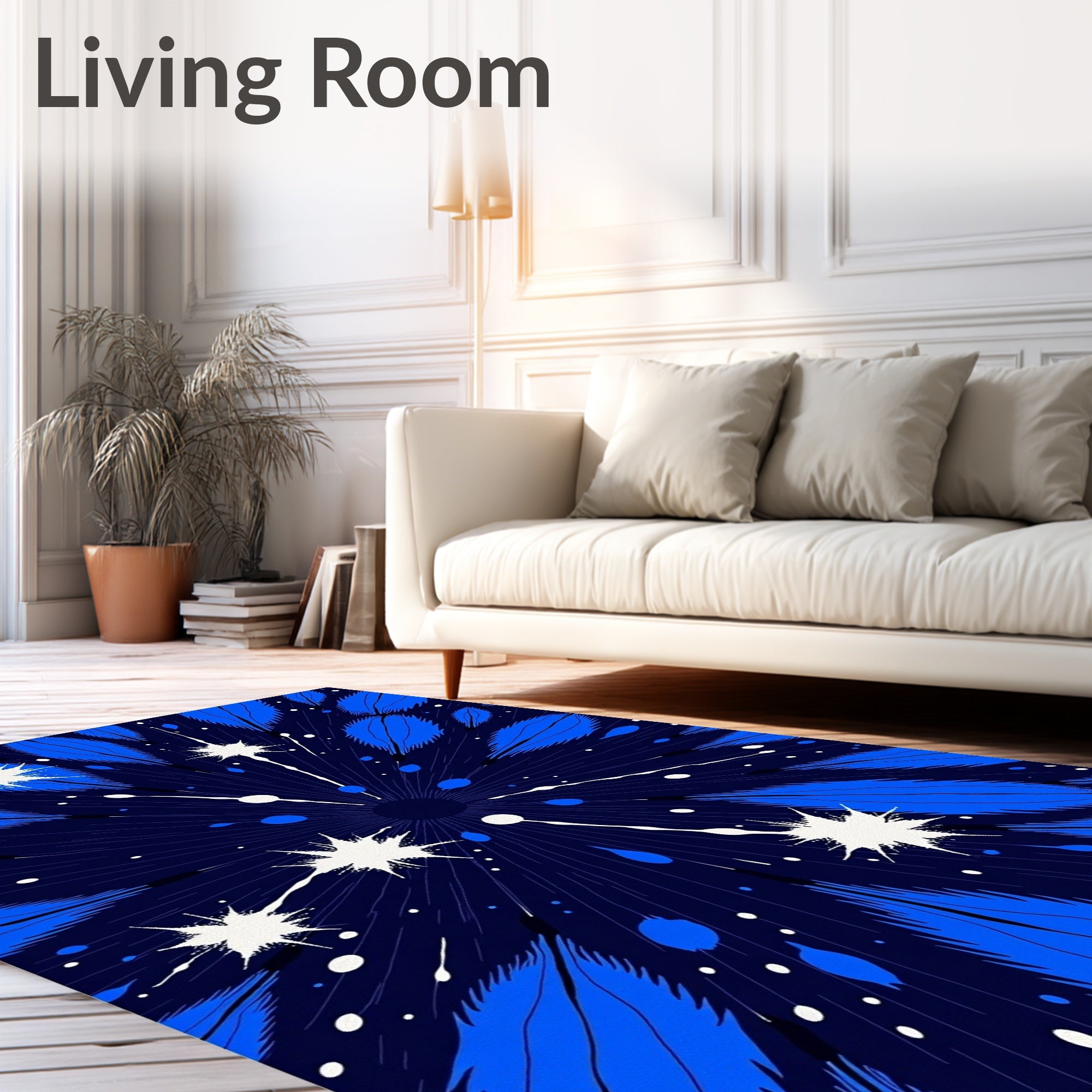 Abstract Blue Feather Burst Pattern Rug