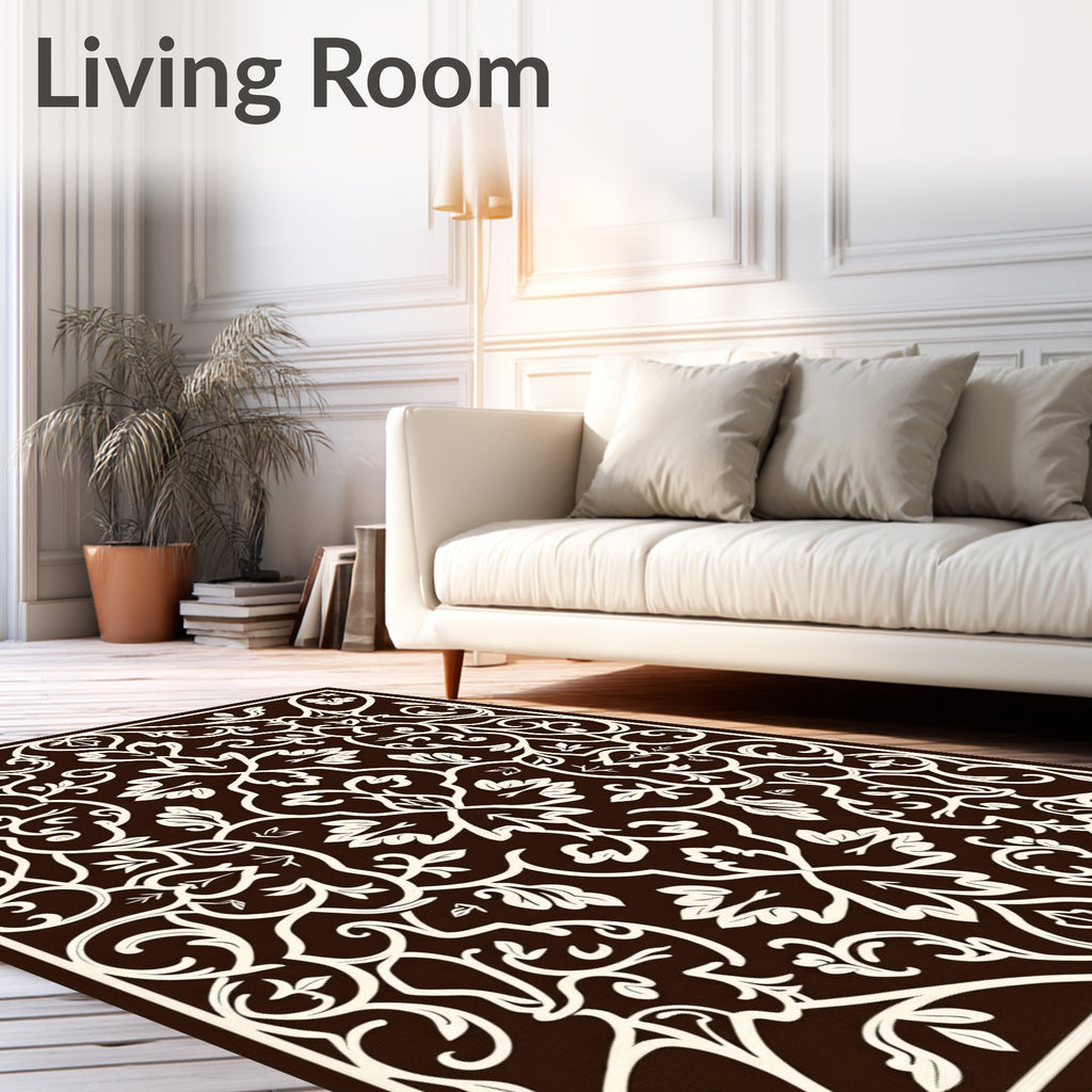 Ornate Brown Cream Leafy Scrollwork Rug
