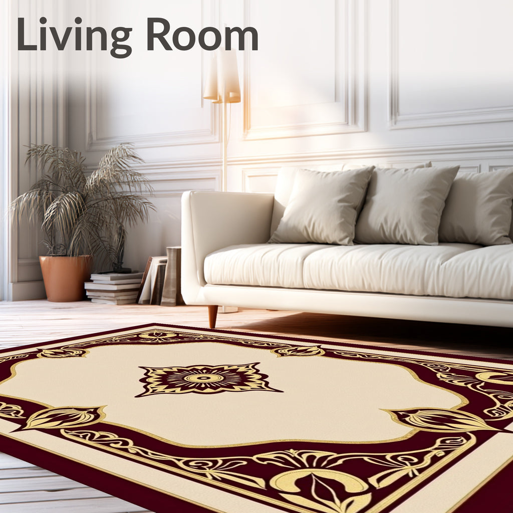 Regal Gold and Burgundy Floral Patterned Rug