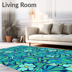 Tropical Floral Patterned Blue Green Rug